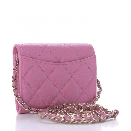 CHANEL Caviar Quilted Card Holder On Chain Pink