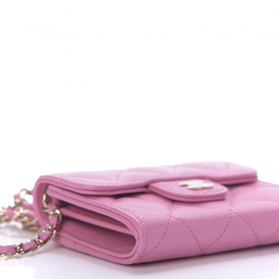 CHANEL Caviar Quilted Card Holder On Chain Pink