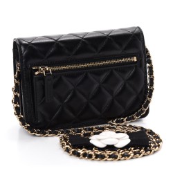 CHANEL Lambskin Quilted Mini Camellia Bow Wallet On Chain WOC Black