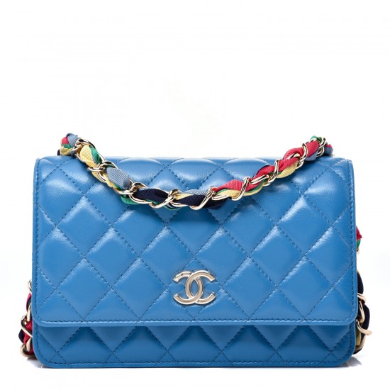 CHANEL Shiny Lambskin Quilted Ribbon Wallet On Chain WOC Blue