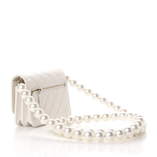 CHANEL Calfskin Quilted CC Pearl Mini Wallet On Chain Flap White