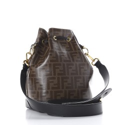 FENDI Glazed Fabric Calfskin F is FF 1974 Stamp Patch Grande Mon Tresor Bucket Bag Mogano Panna Black