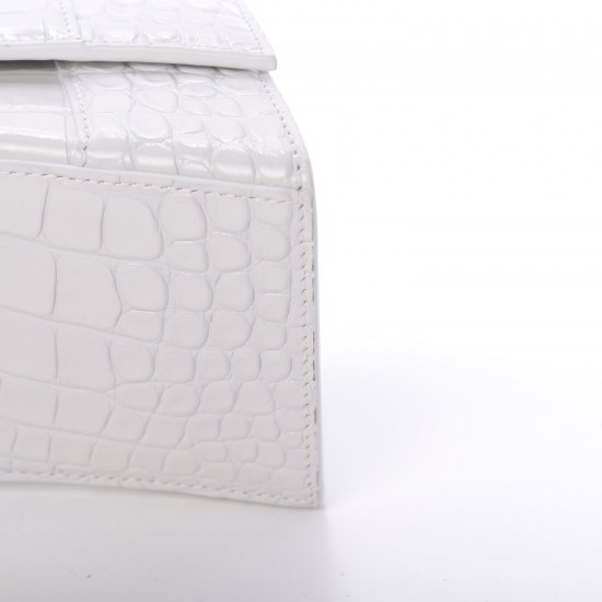 BALENCIAGA Calfskin Crocodile Embossed Small Hourglass Top Handle Bag White