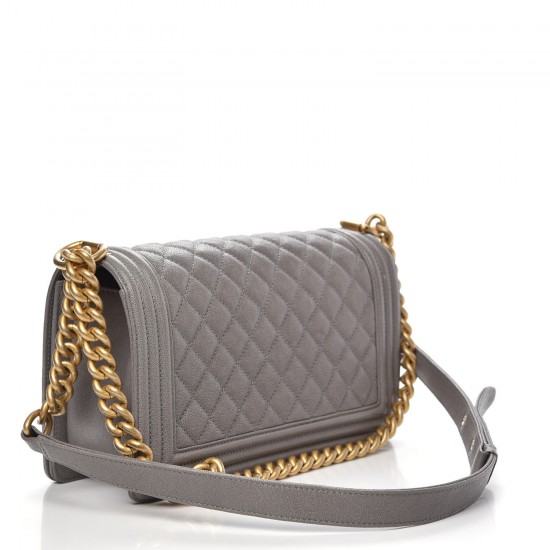 CHANEL Caviar Quilted Medium Boy Flap Light Grey