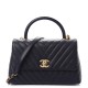 CHANEL Caviar Chevron Quilted Small Coco Handle Flap Navy