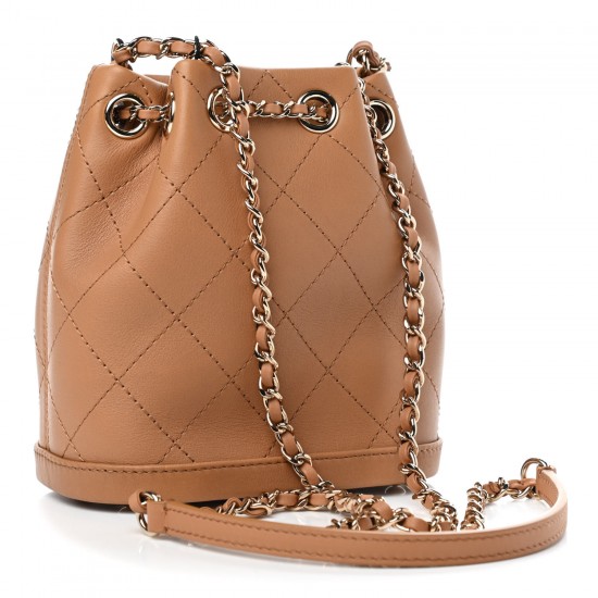 CHANEL Calfskin Stitched Chain Bucket Bag Camel