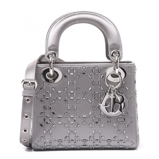 DIOR Satin Crystal Cannage Mini Lady Dior Gray