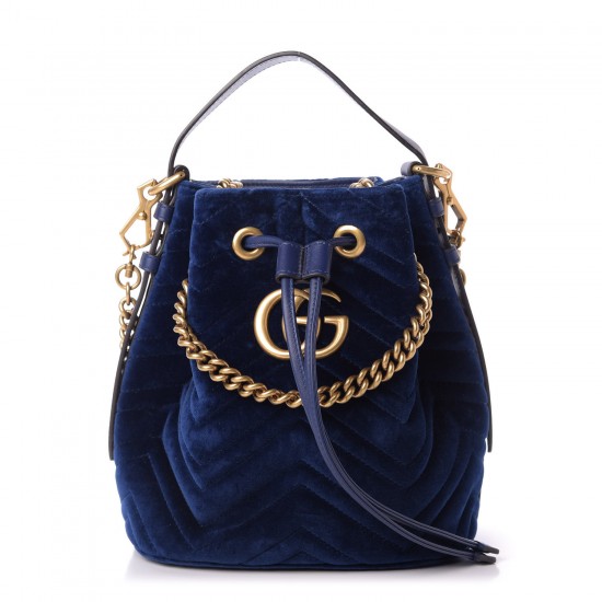 GUCCI Velvet Matelasse GG Marmont Bucket Bag Cobalt Blue