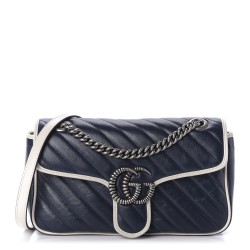 GUCCI Vintage Effect Calfskin Matelasse Small Striped GG Marmont Shoulder Bag Blue Beige