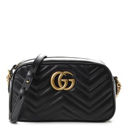 GUCCI Calfskin Matelasse Small GG Marmont Chain Shoulder Bag Black