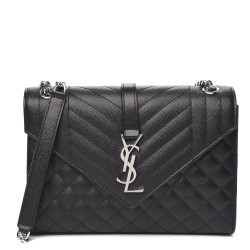 YSL Grain De Poudre Textured Mixed Matelasse Triquilt Medium Monogram Satchel Black