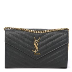 YSL Grain De Poudre Matelasse Chevron Monogram Chain Wallet Dark Green