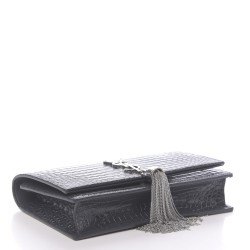 YSL Calfskin Crocodile Embossed Kate Monogram Tassel Chain Wallet Dark Smog