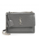 YSL Calfskin Crocodile Embossed Monogram Sunset Chain Wallet Marble gray