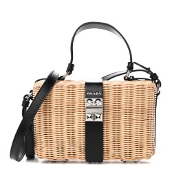 PRADA Wicker Top Handle Shoulder Bag Naturale Black